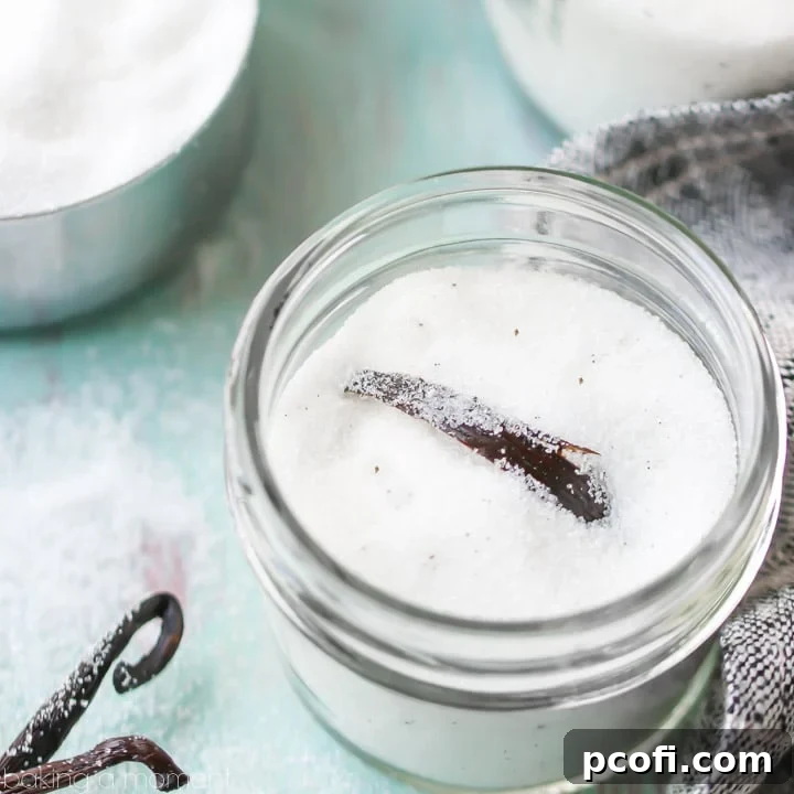 A small jar of vanilla sugar with vanilla bean flecks and pods, on a light blue background with a linen napkin. 