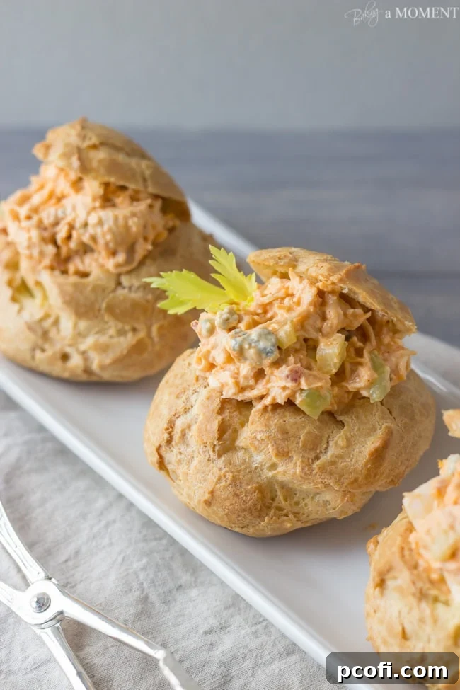 Buffalo Chicken Salad in Blue Cheese Gougeres | Baking a Moment
