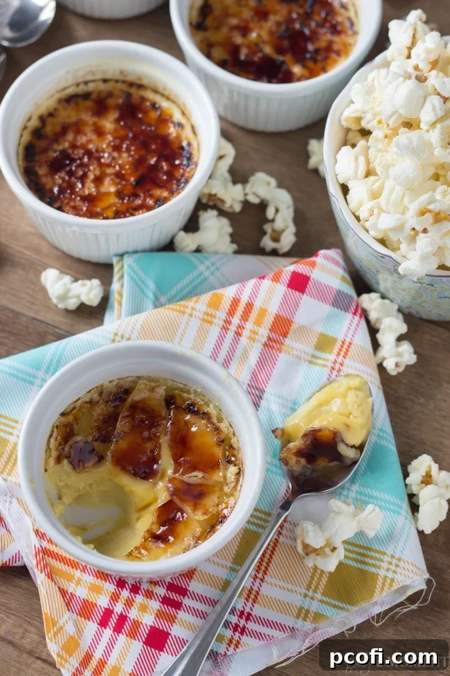 Buttered Popcorn Creme Brulee served in ramekins, ready to be enjoyed.
