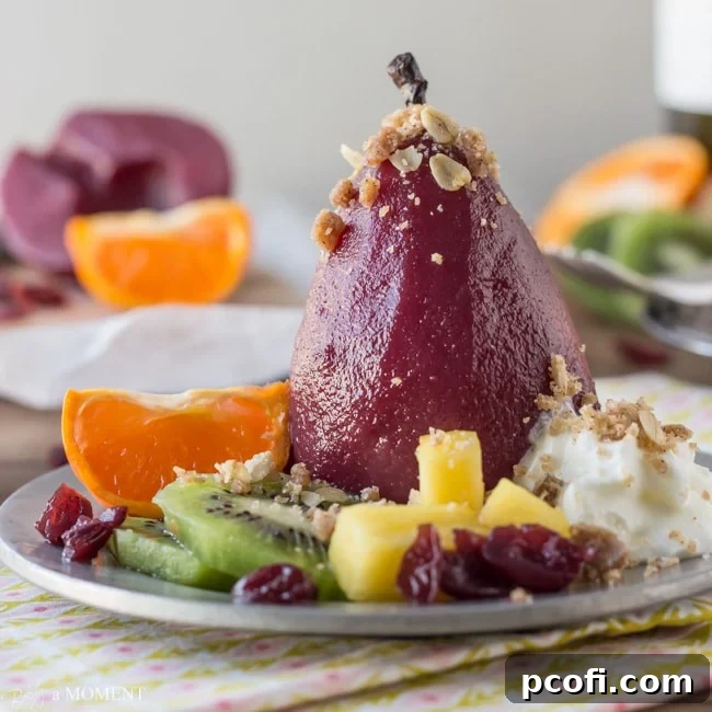 Sangria Poached Pears with Cinnamon Oat Crumble - A refined dessert