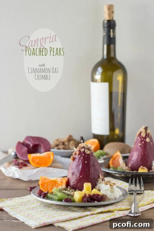 Close-up of Sangria Poached Pears with Cinnamon Oat Crumble