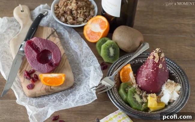 Plated Sangria Poached Pears with a side of Cinnamon Oat Crumble