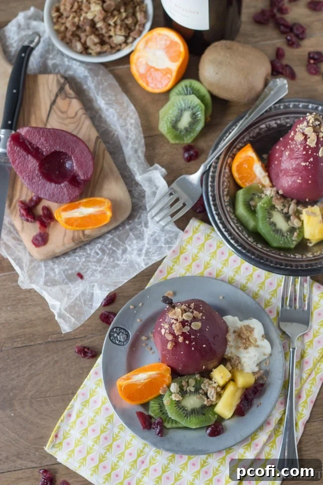 Artistically arranged Sangria Poached Pears with crumble