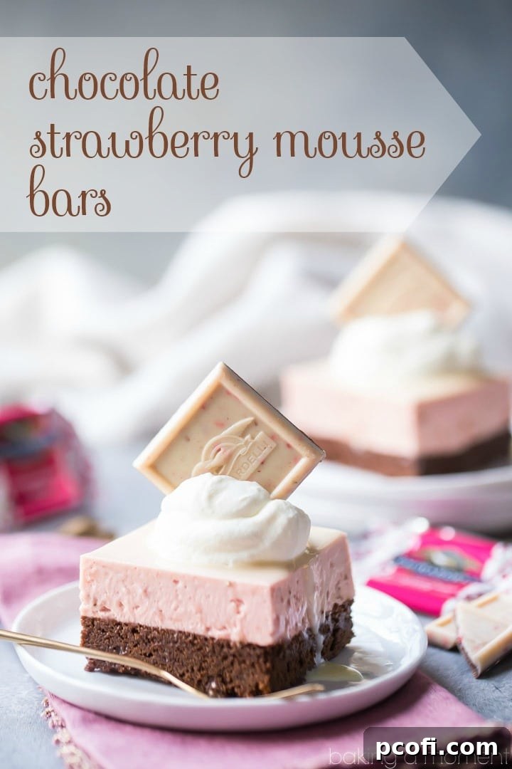 Chocolate Strawberry Mousse Bars: layers of nearly-flourless chocolate torte and airy strawberry mousse, topped with a delicate white chocolate glaze. This whisper-light and stunning dessert is perfect for special occasions like Valentine's Day.
