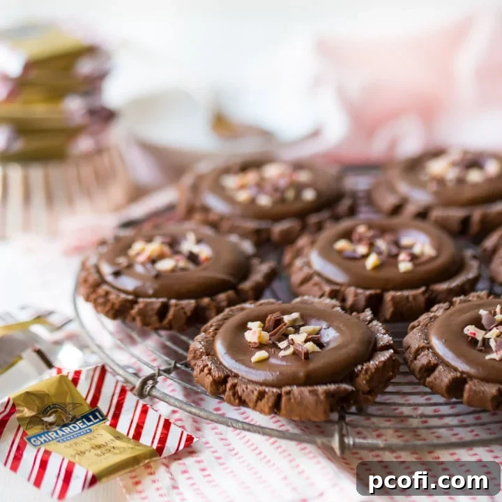 Chocolate Peppermint Swig Cookies with soft, rich chocolate cookies, creamy sour cream frosting, and festive chopped peppermint bark on top, arranged on a cooling rack.