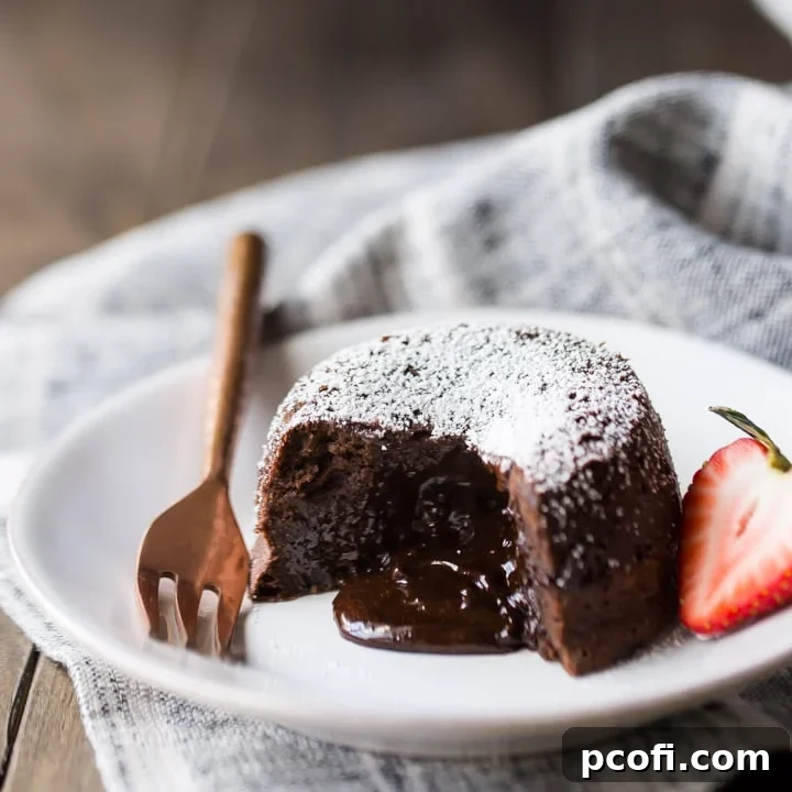 Chocolate Molten Lava Cake on a white plate, with liquid chocolate spilling from the center. Garnished with a strawberry, with a linen cloth beneath the plate and a copper fork on the side.