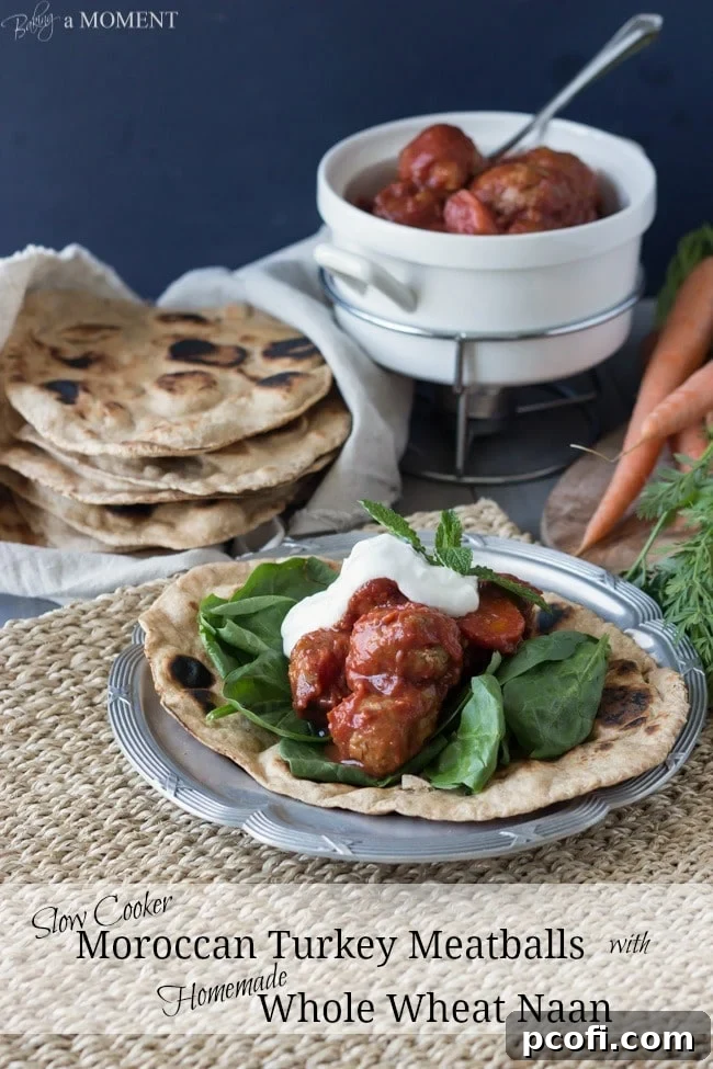 Slow Cooker Moroccan Turkey Meatballs with Homemade Whole Wheat Naan | Baking a Moment