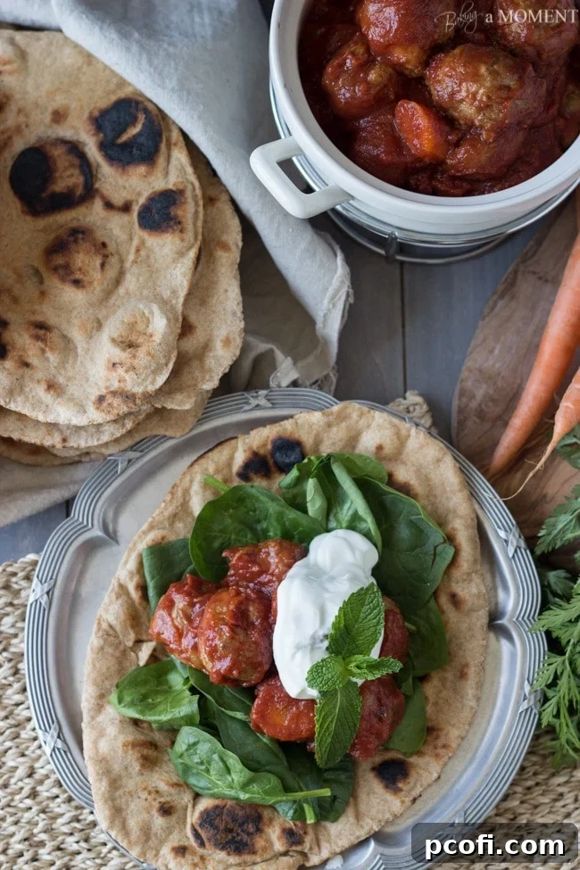 Slow Cooker Moroccan Turkey Meatballs with Homemade Whole Wheat Naan, Served with Yogurt and Mint