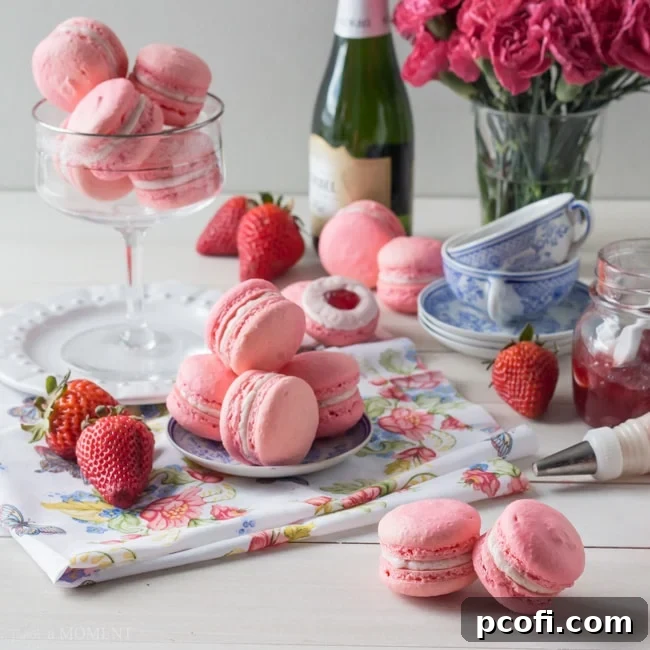 Delicious Strawberry Rose Macarons presented beautifully for Mother's Day, showcasing their delicate shells and creamy filling.