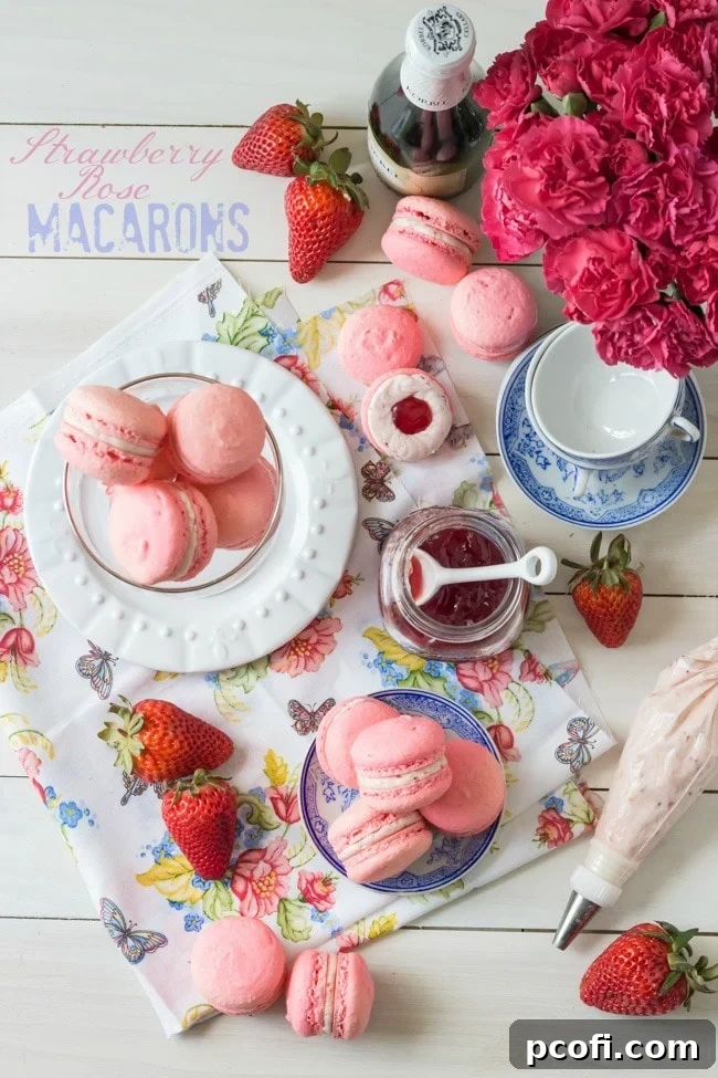 A close-up of beautifully assembled Strawberry Rose Macarons, showing the filling between the delicate shells.