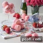 Strawberry Rose Macarons, top-down view of a plate of macarons