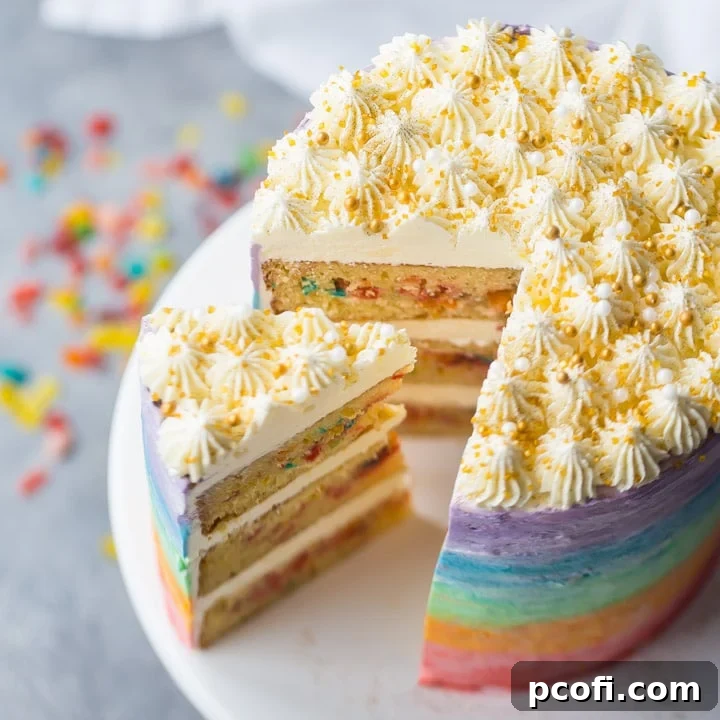 Triple-layer rainbow Fruity Pebble cake with gold sprinkles, featuring a slice cut out and Fruity Pebbles scattered on a light gray background, highlighting its vibrant layers and crunchy texture.