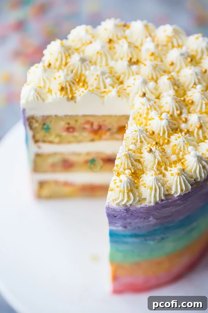 Close-up of the rainbow Fruity Pebble cake on a cake stand, adorned with sparkling gold sprinkles, with loose cereal scattered around for a playful touch.
