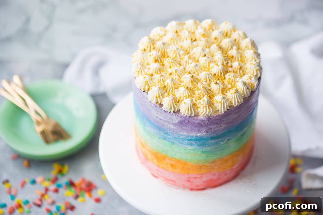 A festive tableau featuring the rainbow Fruity Pebble cake, sliced and served on green plates with gold forks, surrounded by scattered cereal on a light gray background, ready for a St. Patrick's Day celebration.