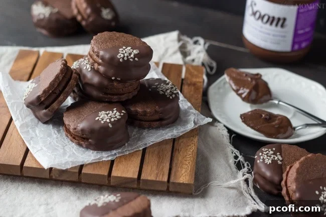 A stack of Chocolate Sesame Butter Sandwich Cookies, ready to be enjoyed with a drink.