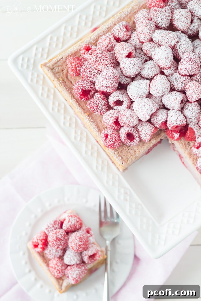 Side view of Raspberry Magic Custard Cake with fresh berries | Baking a Moment