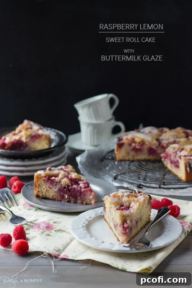 Raspberry Lemon Sweet Roll Cake with Buttermilk Glaze | A close-up of the delicious breakfast cake.