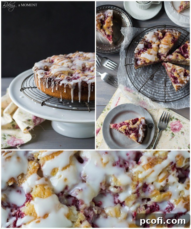 Raspberry Lemon Sweet Roll Cake with Buttermilk Glaze | A slice showing the raspberry and lemon swirl.