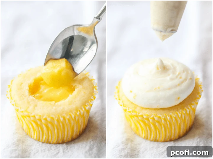 Image collage illustrating the process of filling a lemon cupcake with lemon curd, followed by topping it with lemon cream cheese frosting.