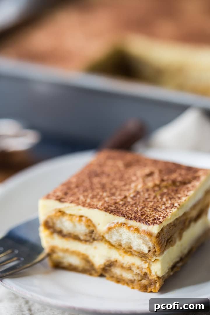 Two artfully arranged slices of tiramisu on white plates, with the full pan of tiramisu visible in the soft-focus background, inviting you to indulge.