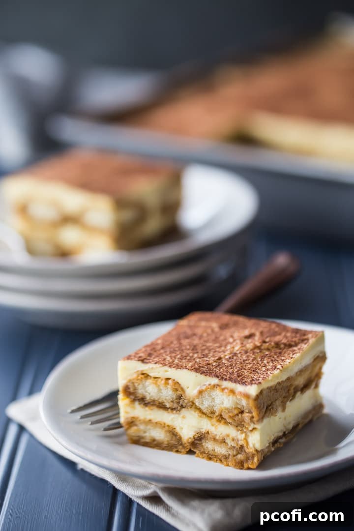 Two elegantly presented slices of tiramisu on white plates, with a full pan of the dessert glistening in the background.