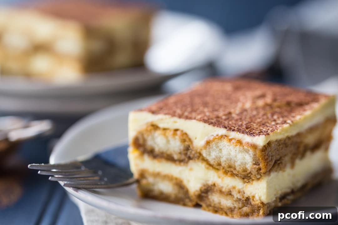 A beautifully presented horizontal shot of a single slice of tiramisu on a white plate, resting against a soft blue background, showcasing its delicious layers.