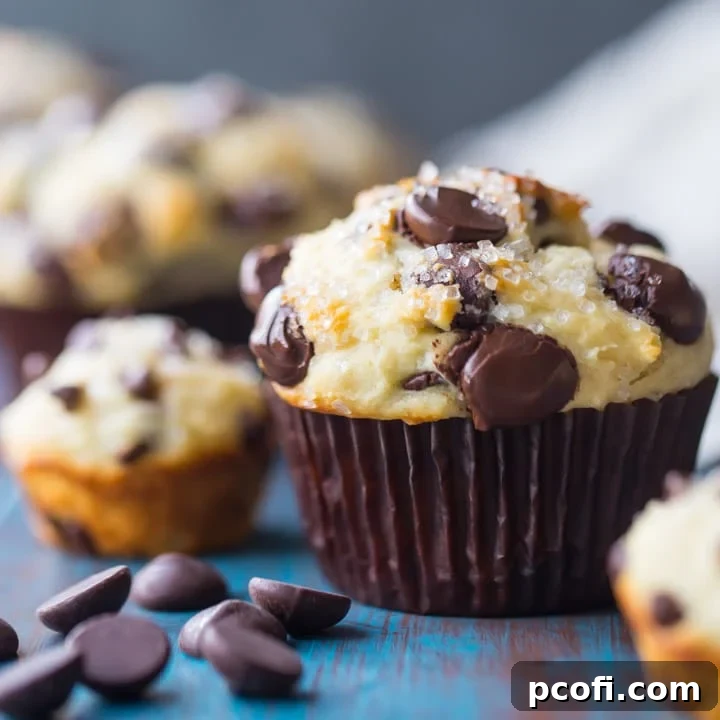 Square image of a freshly baked chocolate chip muffin on an aqua-painted wood background, with chocolate chip mini-muffins in the background, highlighting the golden-brown top and melty chocolate.