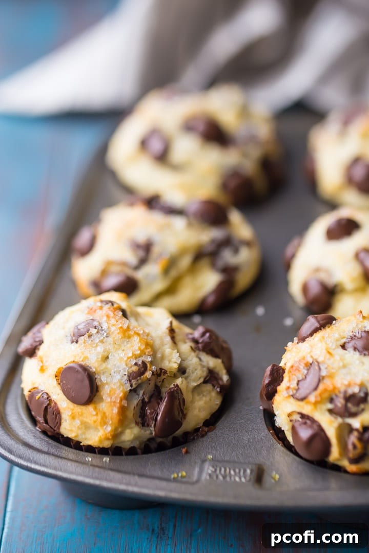 Vertical image of a fresh batch of golden-brown chocolate chip muffins still warm in the muffin pan, showcasing their perfect rise and inviting texture.