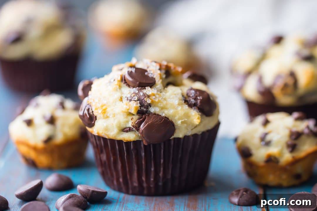 Horizontal image of a freshly baked chocolate chip muffin on an aqua-painted wood background, with chocolate chip mini-muffins in the background, beautifully styled and ready to serve.