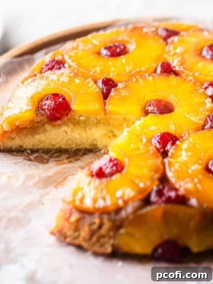 Beautifully inverted pineapple upside-down cake presented on a white cake stand.