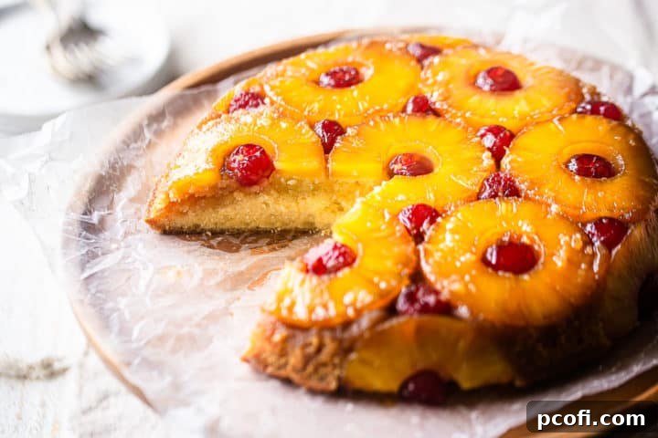 Slice of pineapple upside-down cake removed from the pan, showing the moist cake texture and caramelized fruit topping.