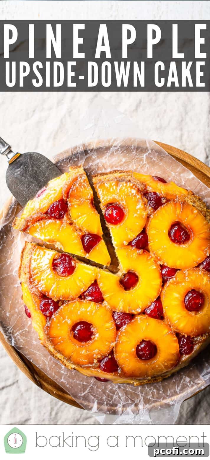 Overhead view of a Pineapple Upside-Down Cake on a linen cloth, with text overlay "Pineapple Upside-Down Cake."