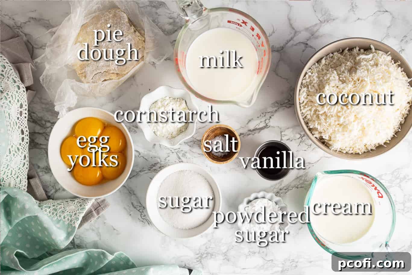 Ingredients for making coconut cream pie, with text labels.