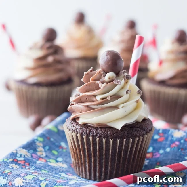 Black & White Malt Shoppe Cupcakes with swirled frosting and malt balls