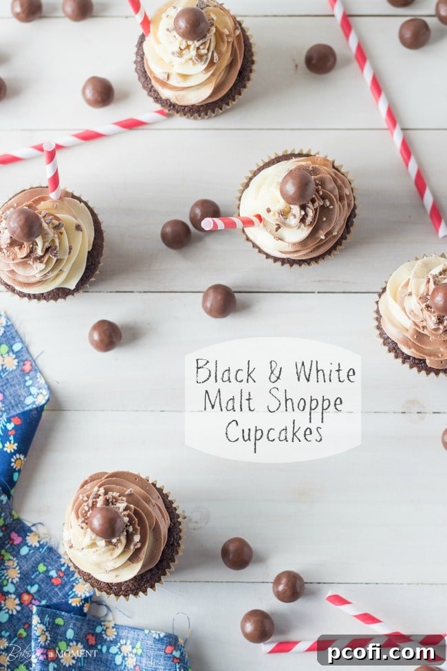 Up-close shot of Black & White Malt Shoppe Cupcakes