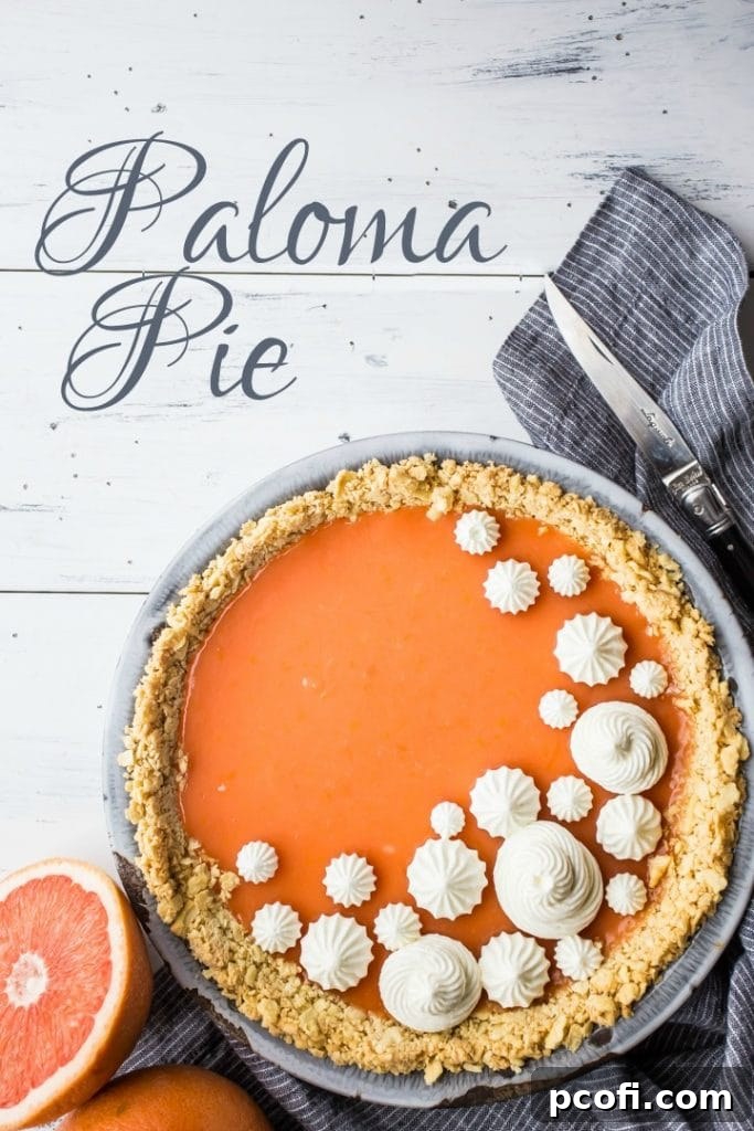 Vertical image with text overlay of Paloma cocktail (grapefruit tequila) pie with Saltine crust.