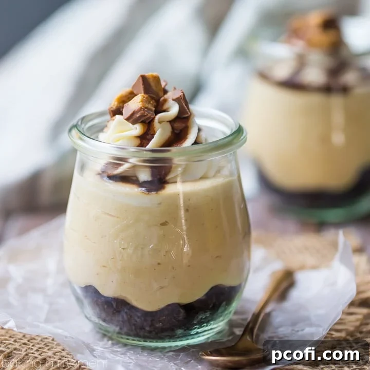 Peanut Butter Pie Jars: Cold, creamy, and super-simple to make! Perfect no-bake dessert for summer. food desserts peanut butter