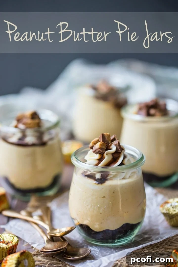 Peanut Butter Pie Jars: Cold, creamy, and super-simple to make! Perfect no-bake dessert for summer. food desserts peanut butter