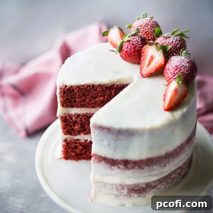 Moist triple-layer red velvet cake with cream cheese frosting and fresh strawberries. A classic dessert perfect for any celebration.