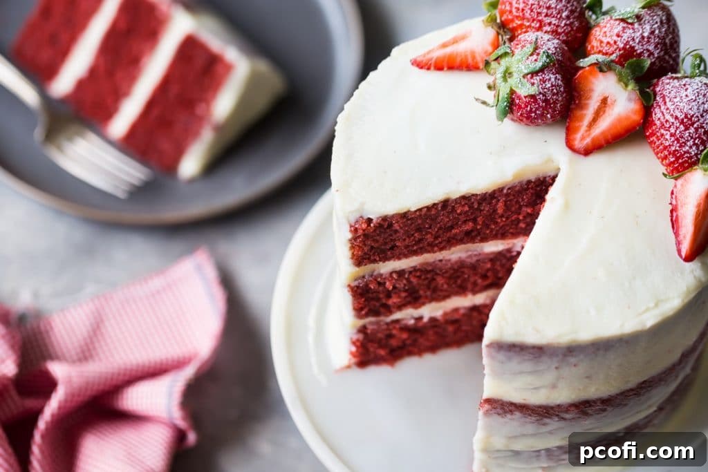 Easy classic red velvet cake for Christmas, Valentine's Day, wedding, Fourth of July, or Memorial Day. A delightful festive dessert.