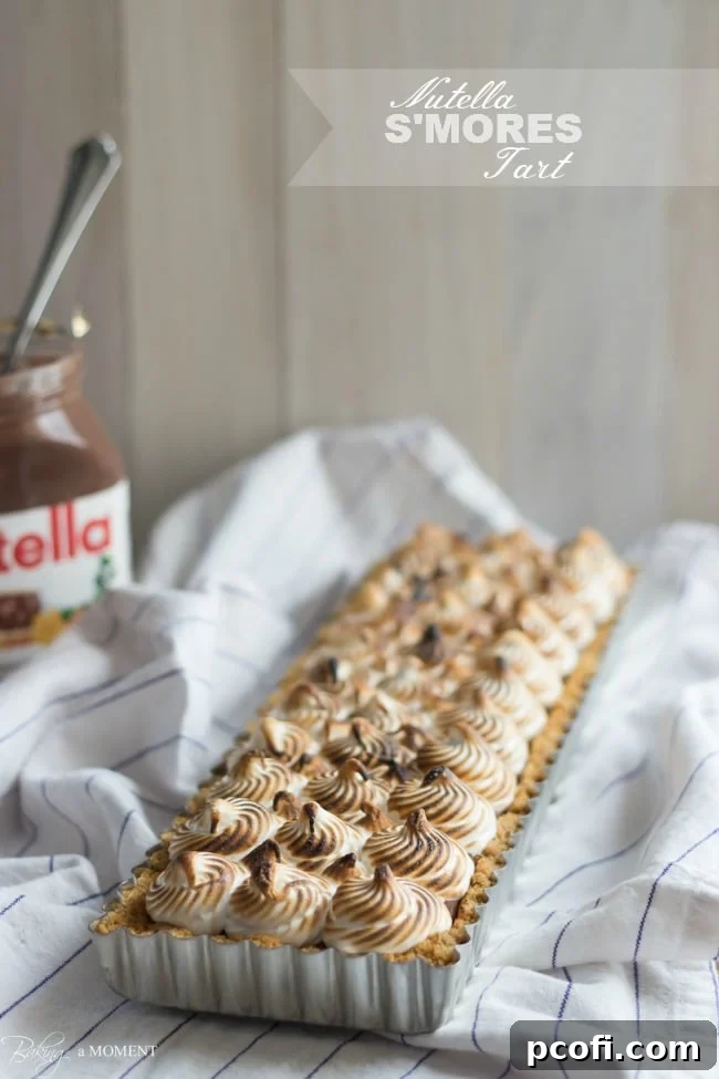 Close-up of a slice of Nutella S'mores Tart