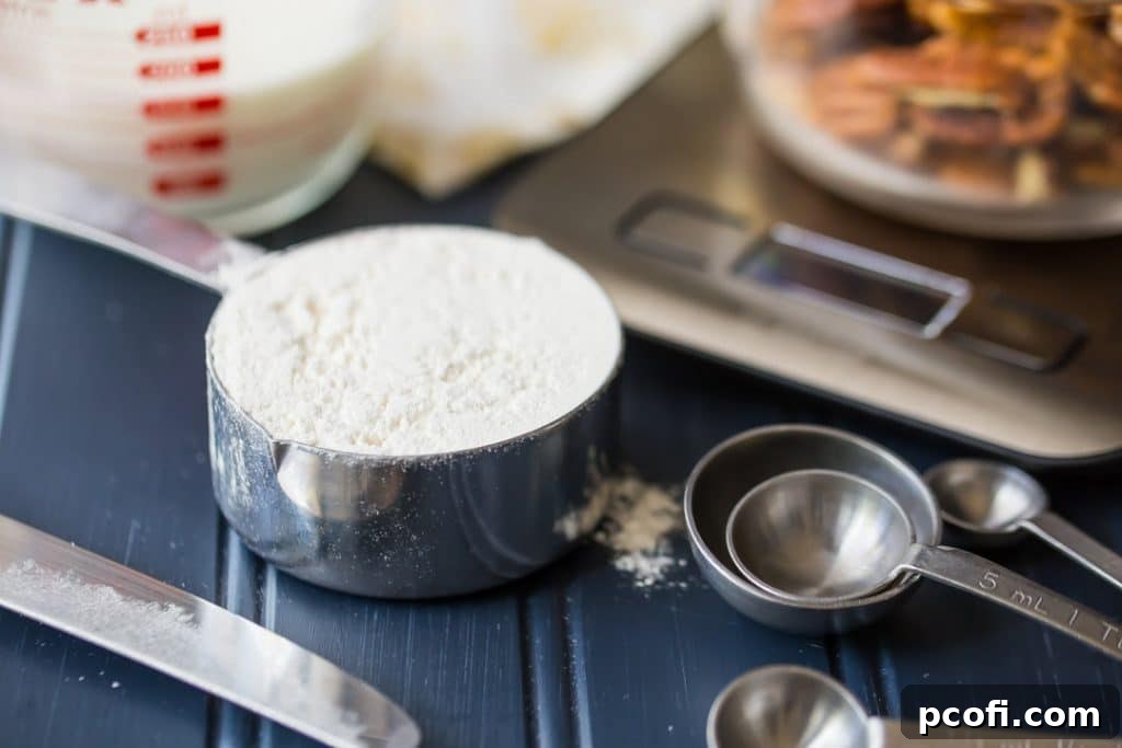 Measuring ingredients with cups, spoons, and by weight.