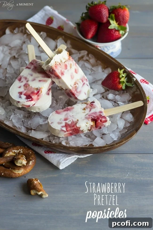 Close-up of a Strawberry Pretzel Popsicle showing layers