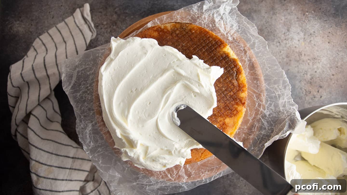 Stabilized whipped cream frosting being used to beautifully frost a tiramisu cake, showcasing its excellent pipeable quality.