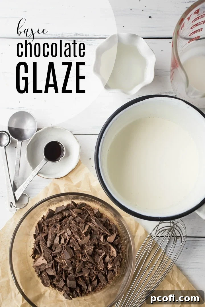 Four essential ingredients for a homemade chocolate glaze: cream, chocolate, corn syrup, and vanilla.