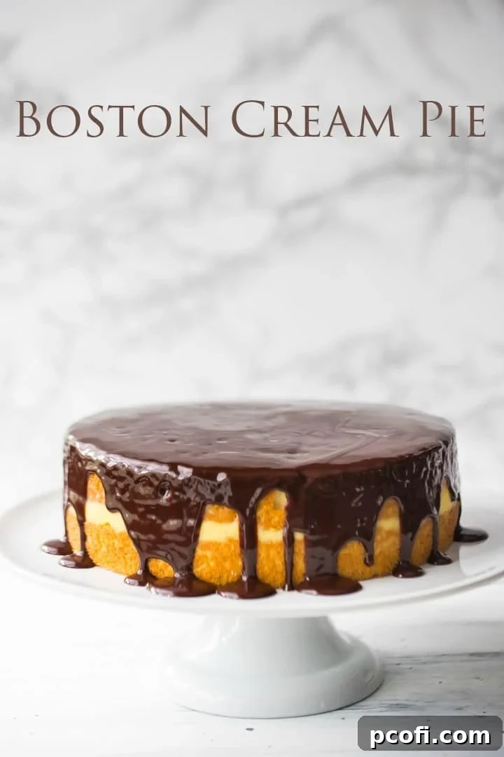 A stunning, traditional Boston Cream Pie displayed on an elegant cake stand. The sponge cake layers are perfectly risen, encasing a generous layer of vanilla pudding, and finished with a dark, smooth chocolate icing that drips enticingly down the sides.