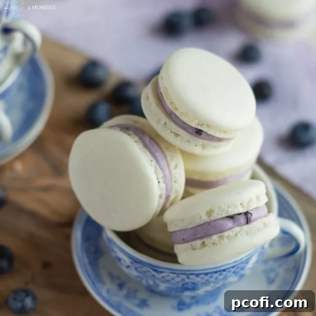 Delicate Almond French Macarons are Sandwiched with a Rich and Creamy Blueberry Mascarpone Filling. A Fresh way to enjoy Seasonal Summer Berries!