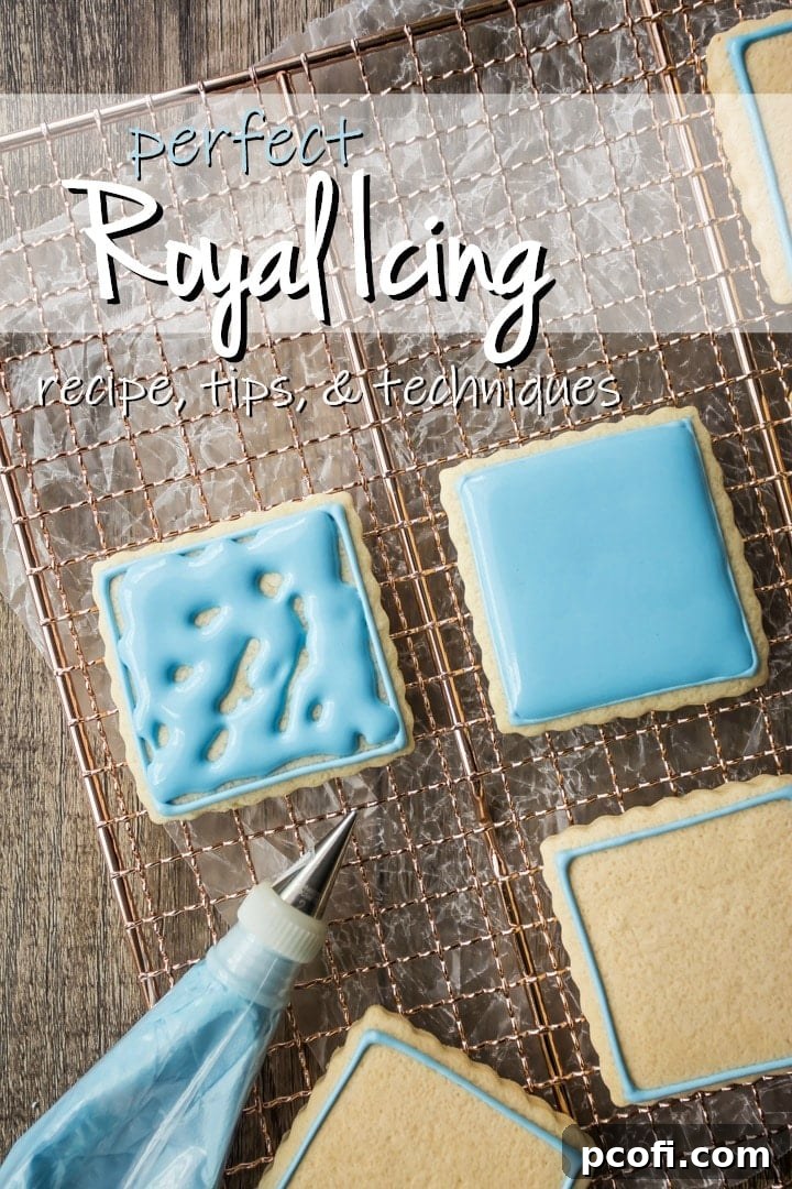 A pastry bag expertly piping intricate blue royal icing designs onto the crisp edges of square cutout cookies, showcasing precision and artistry.