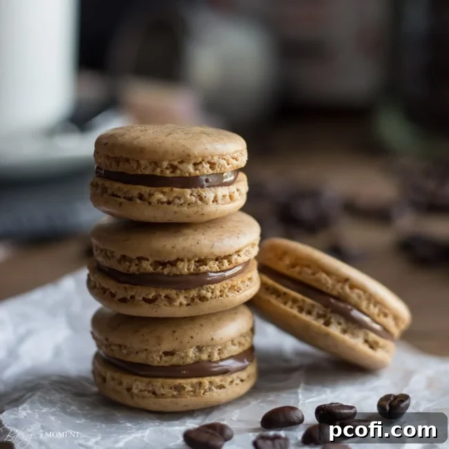 Delicious coffee macarons filled with rich Nutella, beautifully presented