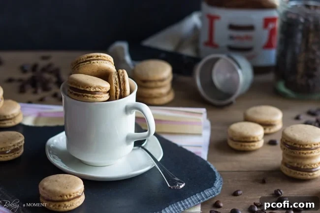 Stack of coffee macarons with Nutella filling, ready to be eaten